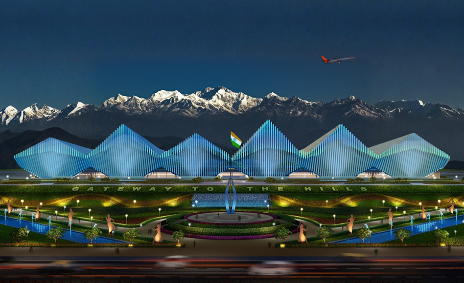 Bagdogra Airport terminal with a Himalayan-inspired façade and landscaped entrance