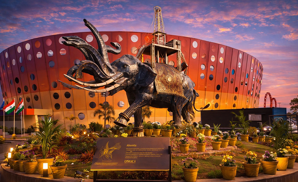 Entrance of International Convention Centre Goa with elephant sculpture