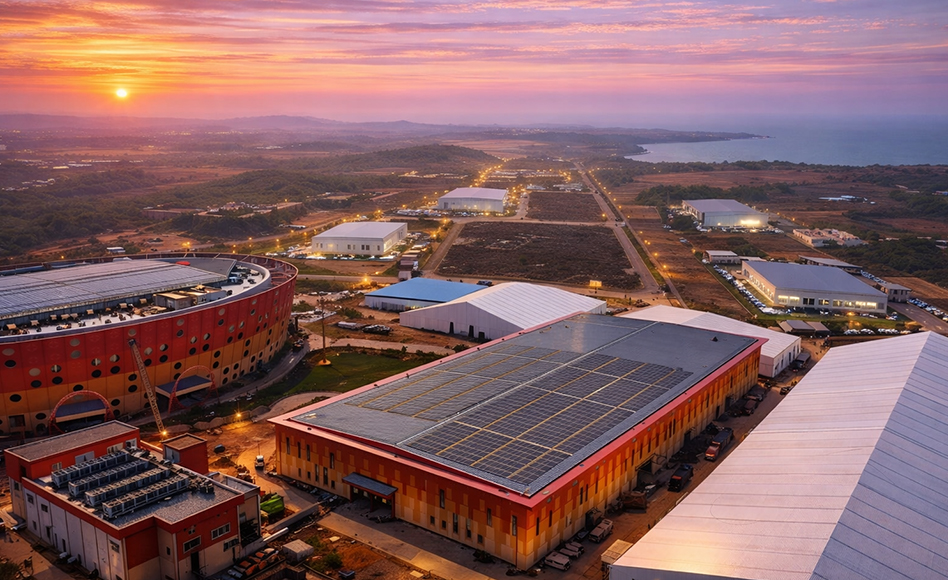 Wide aerial perspective of International Convention and Expo Centre Goa
