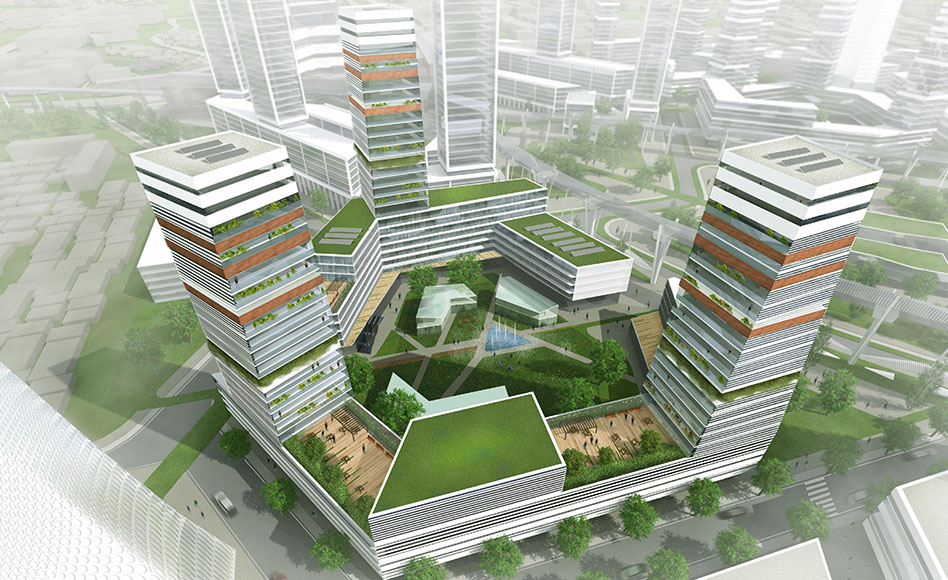 Aerial view of East Delhi Hub mixed-use masterplan by CP Kukreja Architects