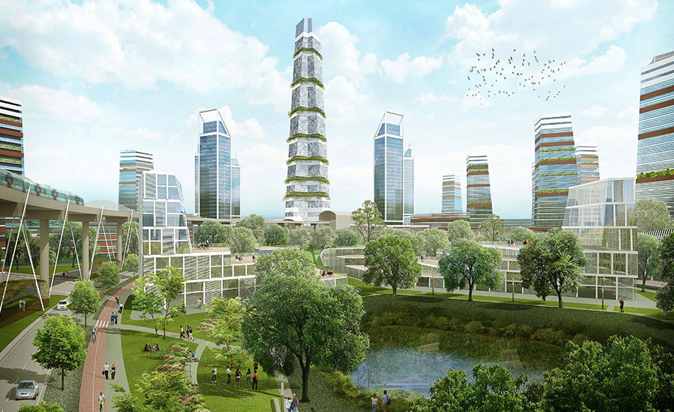 Urban design layout of East Delhi Hub with buildings parks and roads