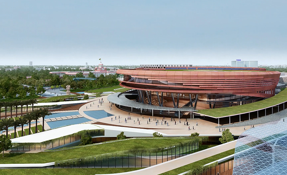 Aerial view of Pragati Maidan exhibition complex in New Delhi