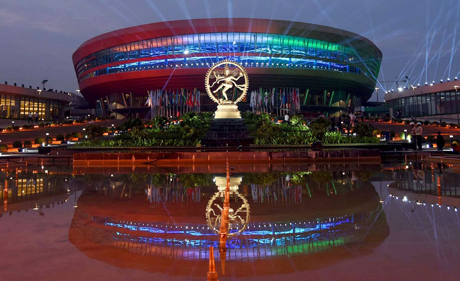 Pragati Maidan main entrance at night with lighting