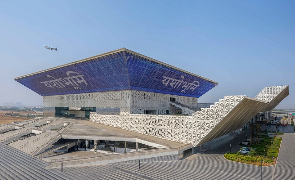 Aerial view of Yashobhoomi Convention Centre complex in New Delhi
